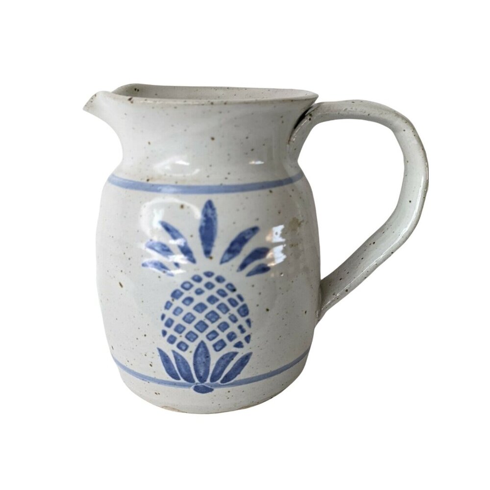 Handcrafted Stoneware Pitcher‎ With Blue Pineapple Design – Rustic White Ceramic
